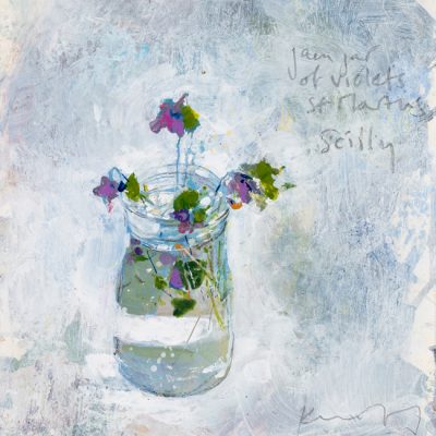Jam jar of violets, St Martins. 2018.   mixed media on museum board.   25 x 20cm.