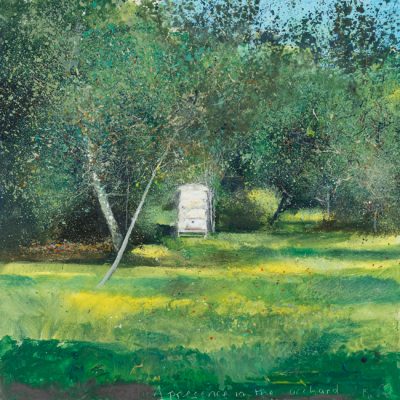 A presence in the orchard. September 2016.   mixed media on wood panel.  60 x 60cm.