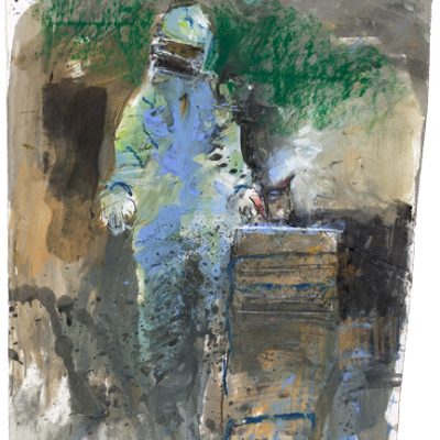 Beekeeper and smoker. May 2014.   mixed media on paper.  41 x 27cm.