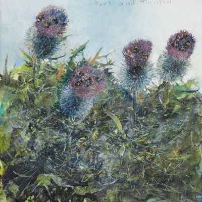 Bees and thistles, Dorset. August 2013.   mixed media on board. 32 x 32cm.