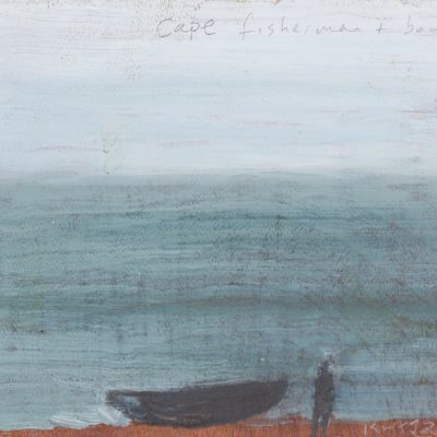 Cape fisherman and boat.  2018.    mixed media on plywood.  13 x15cm.