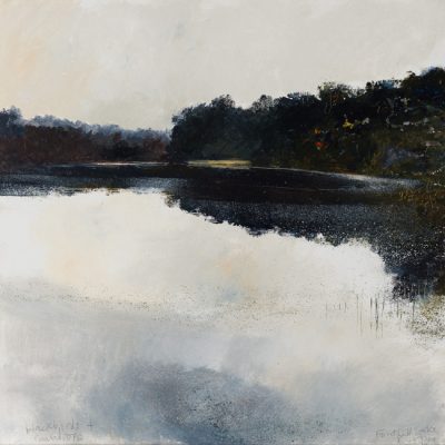 Fonthill Lake, blackbirds and raindrops. 2019.      mixed media on canvas board.    61 x 61cm.