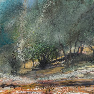 Figs and olives, the sun is going in. 2015.   mixed media on paper.  57 x 61cm.