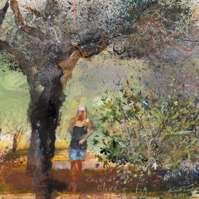 Caroline, olive and fig. 2015.   mixed media on museum board.  22 x 23cm.