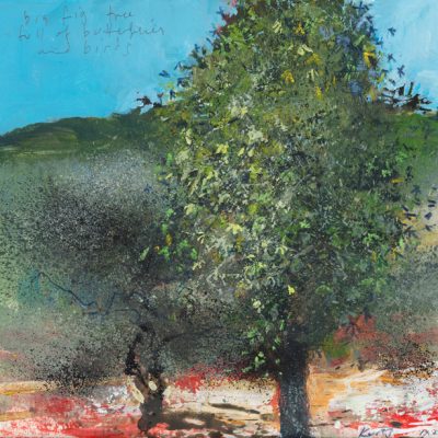 Big fig tree full of butterflies and birds. 2015.   mixed media on museum board.  22 x 23cm.