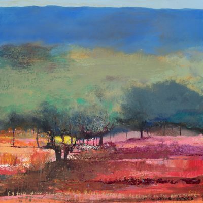 Fig trees glow yellow in the early evening sunlight in the olive grove. 2015-2017.  mixed media on canvas.  122 x 122cm.
