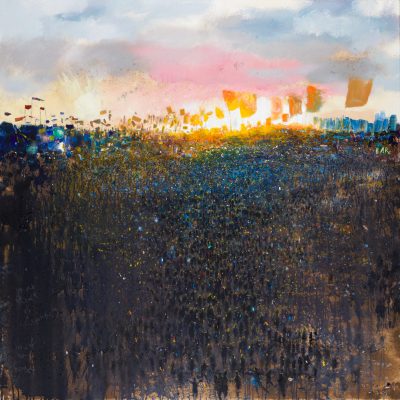 In the heart of Glastonbury, mud at sunset. 2020.     mixed media on canvas.    122 x 122cm.