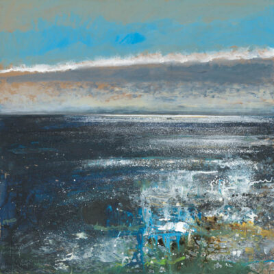 The Sennen lifeboat passes Cape, evening high water. 2022. mixed media on card. 60 x 60cm.