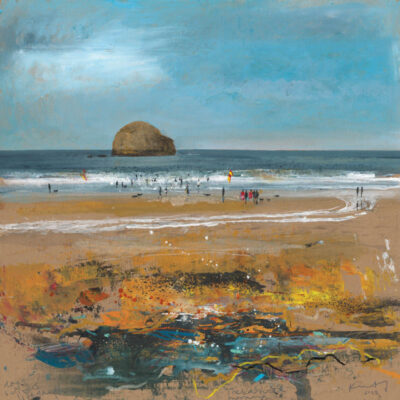 Dogs, surfers, lifeguards. Trebarwith morning. 2022. mixed media on card. 60 x 60cm.