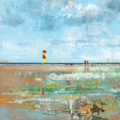 The tide comes in with a rush across Sennen. End of the season. 2022. mixed media on card. 60 x 60cm.