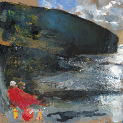 Liam and Sam, Trebarwith lifeguards. High water. 2022.  mixed media on card. 40 x 40cm.