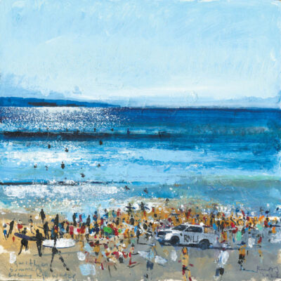 Gwithian Summer, evening high water. 2022.  mixed media on museum board. 30 x 30cm.