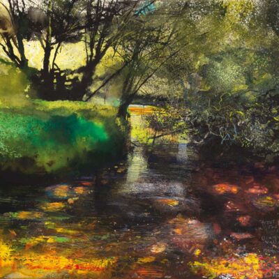 Draynes Valley warm afternoon, breeze in the sallow. 2021.   mixed media on paper.   57 x 60cm.