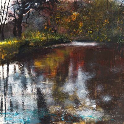 Last of the autumn colour, heading down to Lanhydrock. 2021.   mixed media on museum board.   60 x 60cm.