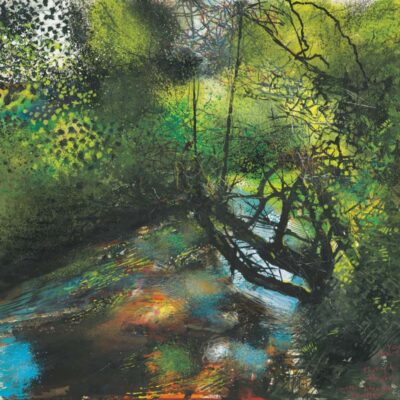 Young Fowey through a thorn with blue tit twitter. 2021.    mixed media on paper.  57 x 60cm.