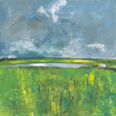 Dozmary Pool. Grasshopper, pipit and skylark choir. 2021.   mixed media on canvas board.  61 x 61cm.