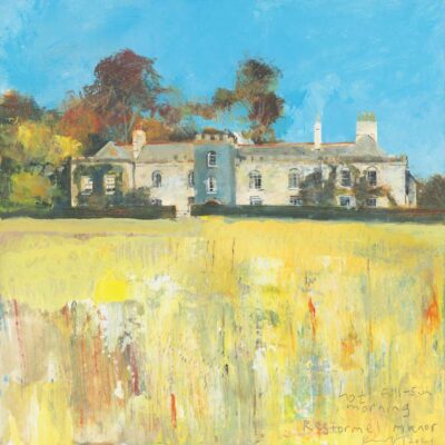 Hot full sun morning, Restormel Manor. 2021.   mixed media on museum board.   40 x 40cm.