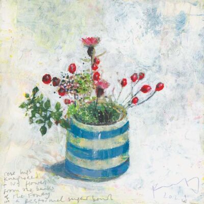 Rosehips, knapweed and ivy flowers in a Restormel sugar bowl. 2021.   mixed media on museum board.   22 x 22cm.