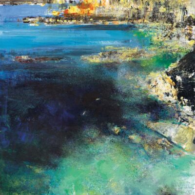 Hot mid-summer. Two seals floating on the surface just offshore. 2023.   mixed media on wood panel.    60 x 60cm.