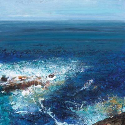 Small boat and big seal. 2023.   mixed media on wood panel.    60 x 60cm.