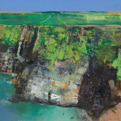 The sun is in the cove at high water with the seals. 2023.   mixed media on paper.    40 x 40cm.