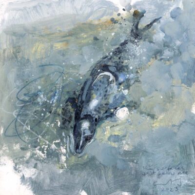 She surfaces just below me. 2023.   mixed media on museum board.    22 x 22cm.