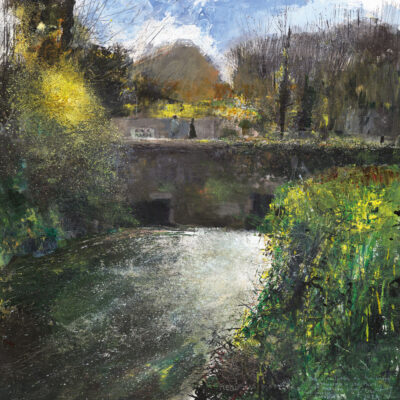 Relubbus morning. The Rim Lichen on the bridge stonework is still there with Mexican Fleabane and Chinese Buddleia. 2024.   mixed media on wood panel.   60 x 60cm.