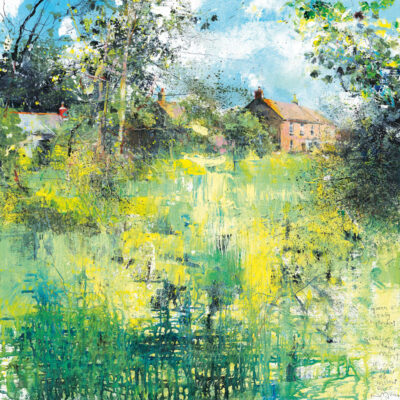 Green and leafy Chyanhal Scent of water mint, wrens chatter in the willow carr. 2024.   mixed media on wood panel.   60 x 60cm.