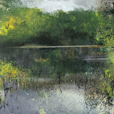 Trevider Pool warblers in the willows. 2024.  mixed media on museum board.  22 x 22cm.