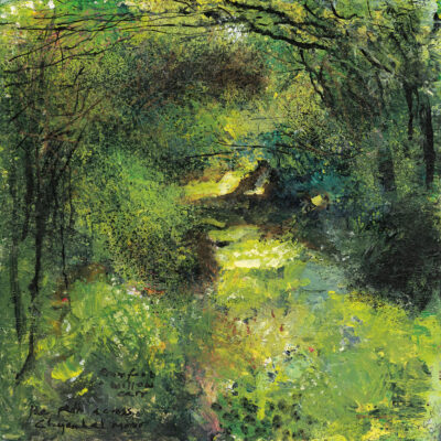 = The path across Chyanhal Moor, crowfoot, spearwort, Cornish moneywort. 2024.    mixed media on museum board.    22 x 22cm.