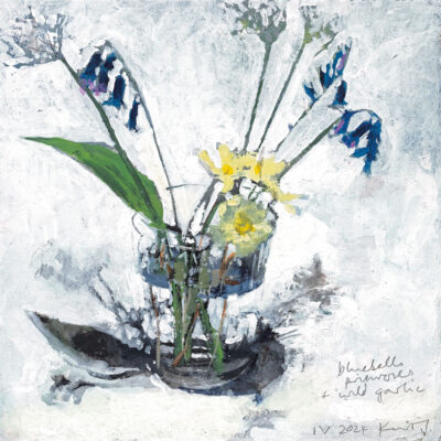 Bluebells, primroses and wild garlic. April 2024.   mixed media on museum board.    22 x 22cm.