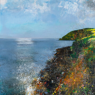 To Penlee Point. The brambles reach out to sea over the thrift, vetch, ivy and campion. 2024.   mixed media on canvas.   91.5 x 91.5cm.