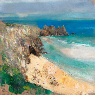 The hot botanical hotspot, thyme, lichen, vetch and wild carrot. Across to Kynance. 2024.   mixed media on museum board.   60 x 60cm.