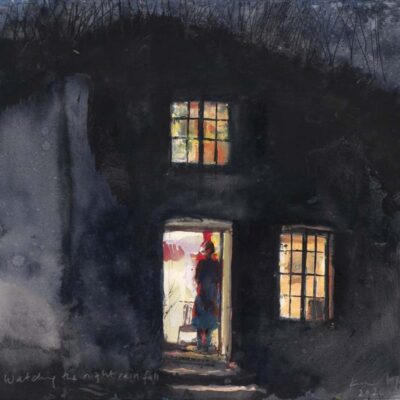 Watching the night rainfall. 2020.   mixed media on paper.    30 x 30cm.