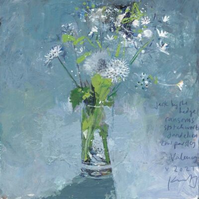 Jack by the hedge, ransoms, stitchwort, dandelion, cow parsley, Valency. 2021.   mixed media on museum board.    22 x 22cm.