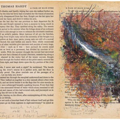Between Rose Cottage and St Peter’s Wood. 2024.   mixed media on Thomas Hardy novel extract.    18 x 22cm