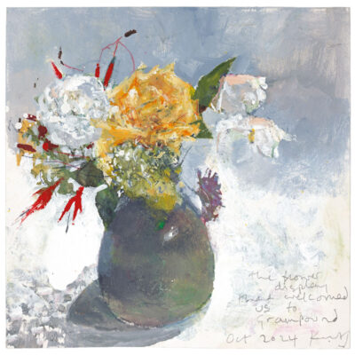 The flower display that welcomed us to Grampound. 2024.   mixed media on museum board.    22 x 22cm.