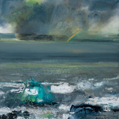 70mph winds across the mouth of the Fal to Pendennis. 2024.   mixed media on canvas.    122 x 122cm.