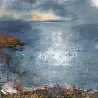 Mad storm, Zone Point, St Anthony Head, gannets dive. 2023.   mixed media on wood panel.    60 x 60cm.