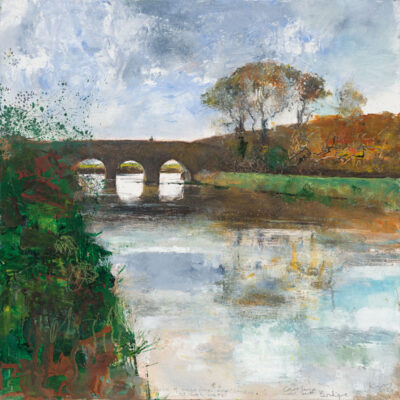Caroline on Sett Bridge, a flock of geese fly over honking at high water. 2024.   mixed media on wood panel.  60 x 60cm.