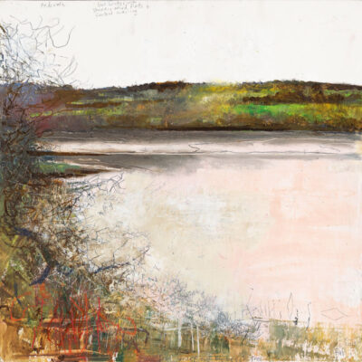 Ardevora, low water with shiny mud flats and curlew wailing. 2025.  mixed media on wood panel.    60 x 60cm.