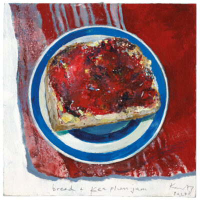 Bread and Kea plum jam. 2024.   mixed media on museum board.    22 x 22cm.