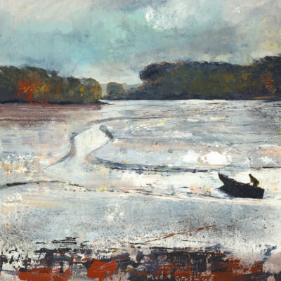 Mud and sunshine, bailing out the oyster punt at low water. 2023.   mixed media on museum board.    60 x 60cm.