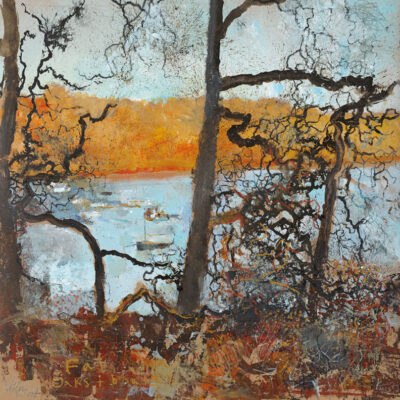 Oaks and boats, North Wood. 2023.   mixed media on board.    60 x 60cm.