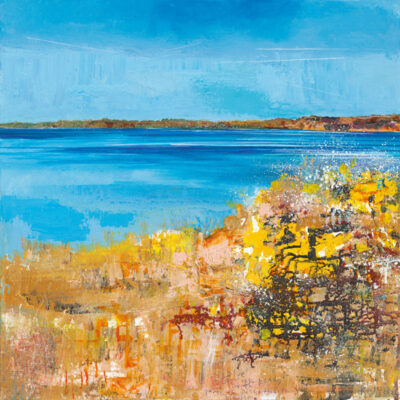 Blue Carrick Roads with gorse and blackthorn blossom. 2024.  mixed media on canvas board.    60 x 60cm.