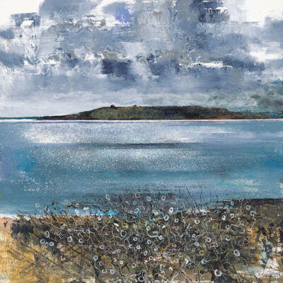 Willow tree with limpet clooties. Castle Cove, St Mawes. 2024.   mixed media on wood panel.     60 x 60cm.