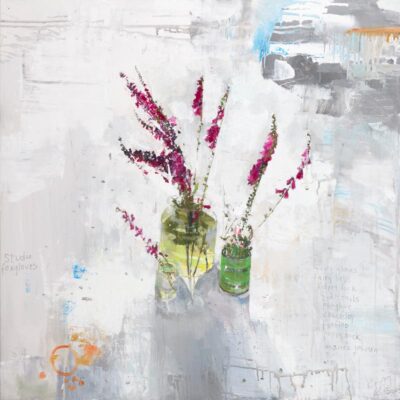 Studio foxgloves. 2025.   oil and mixed media on canvas.     100 x 100cm.