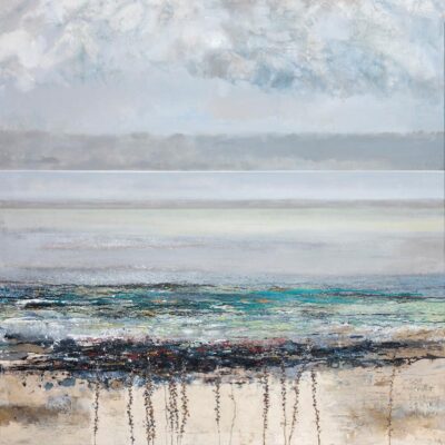 Sea murmur, foxglove stalks’ whisper. 2024.   mixed media and collage on canvas.     130 x 130cm.