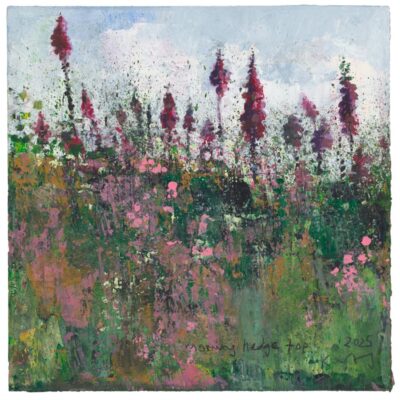 Morning hedgetop. 2025.   mixed media on museum board.     22 x 22cm.