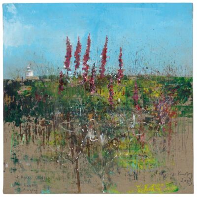 St Agnes skyline, linnets singing. 2025.   mixed media on canvas board.      40 x 40cm.